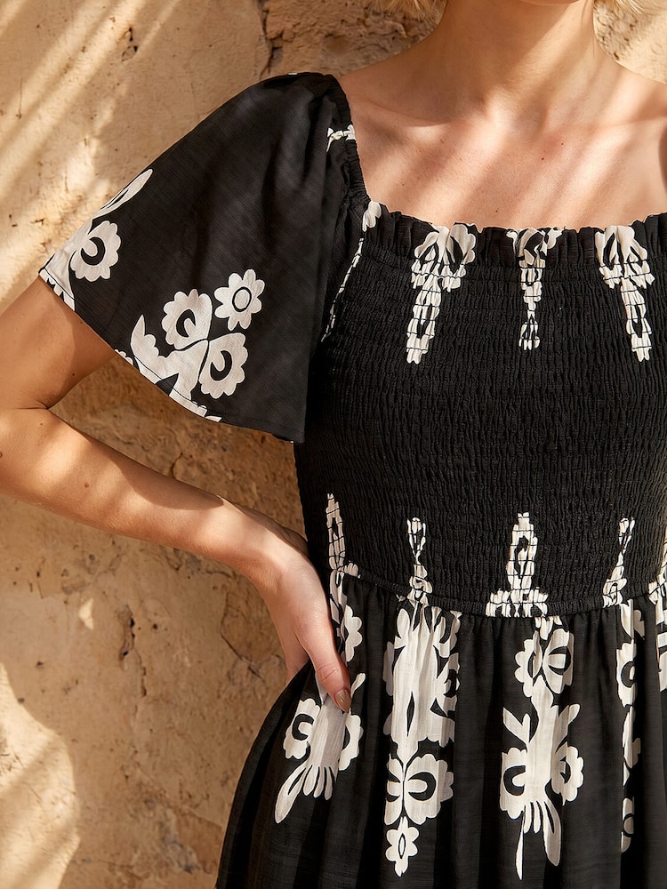 Vestido midi franzido com estampa de borda Roman - Imagem 5 de 5