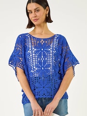 Roman Blue Floral Crochet Knit Top - Image 1 of 5