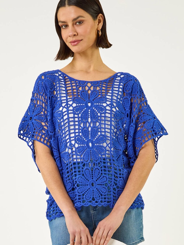 Roman Blue Floral Crochet Knit Top - Image 1 of 5