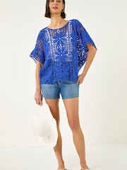 Roman Blue Floral Crochet Knit Top - Image 2 of 5