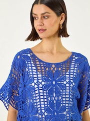 Roman Blue Floral Crochet Knit Top - Image 4 of 5