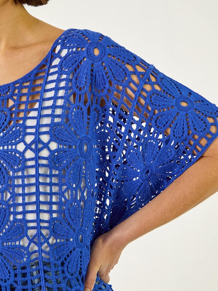 Roman Blue Floral Crochet Knit Top - Image 5 of 5