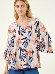 Roman Orange Leaf Print Flared Sleeve Top - Image 1 of 5