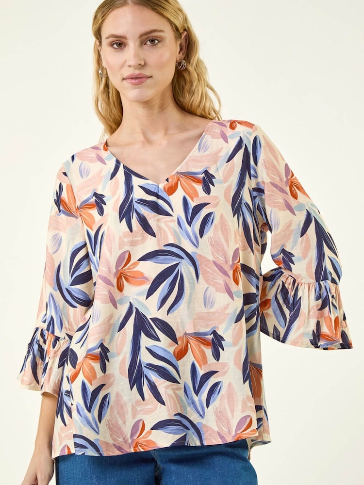 Roman Orange Leaf Print Flared Sleeve Top - Image 1 of 5