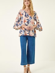 Roman Orange Leaf Print Flared Sleeve Top - Image 3 of 5