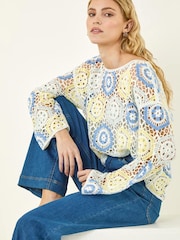 Roman Blue Floral Crochet Knit Top - Image 1 of 5