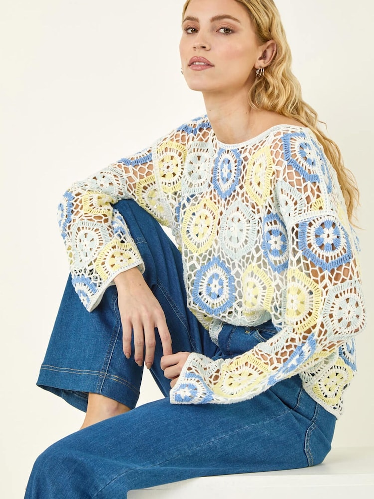 Roman Blue Floral Crochet Knit Top - Image 1 of 5 Roman Blue Floral Crochet Knit Top - Image 1 of 5