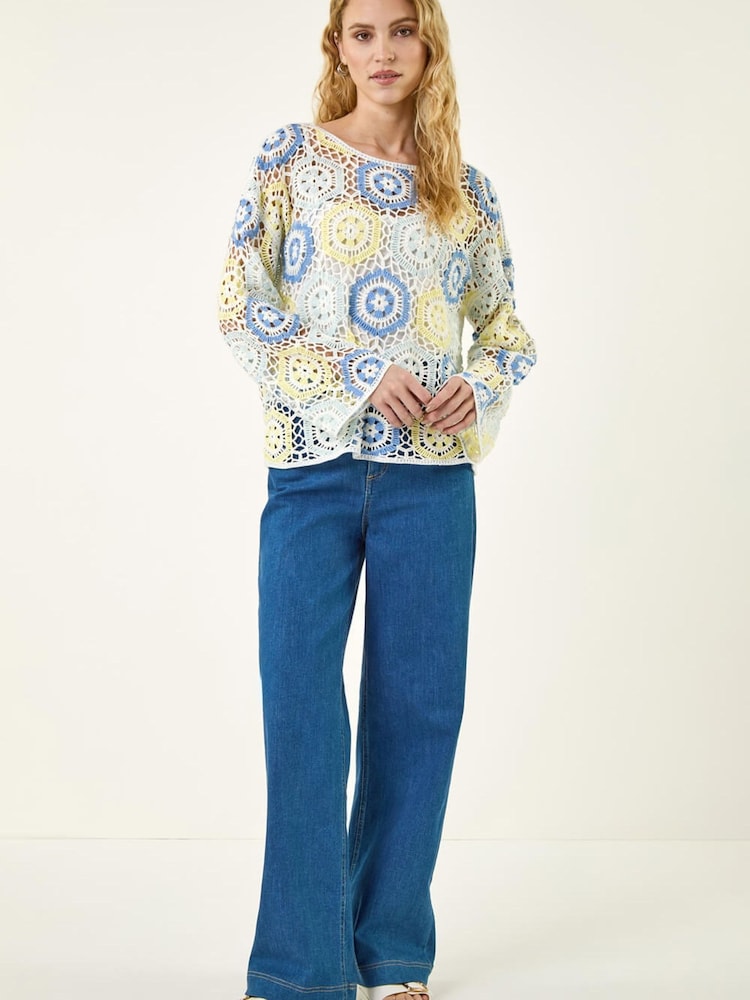 Roman Blue Floral Crochet Knit Top - Image 2 of 5 Roman Blue Floral Crochet Knit Top - Image 2 of 5