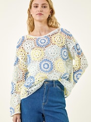 Roman Blue Floral Crochet Knit Top - Image 4 of 5