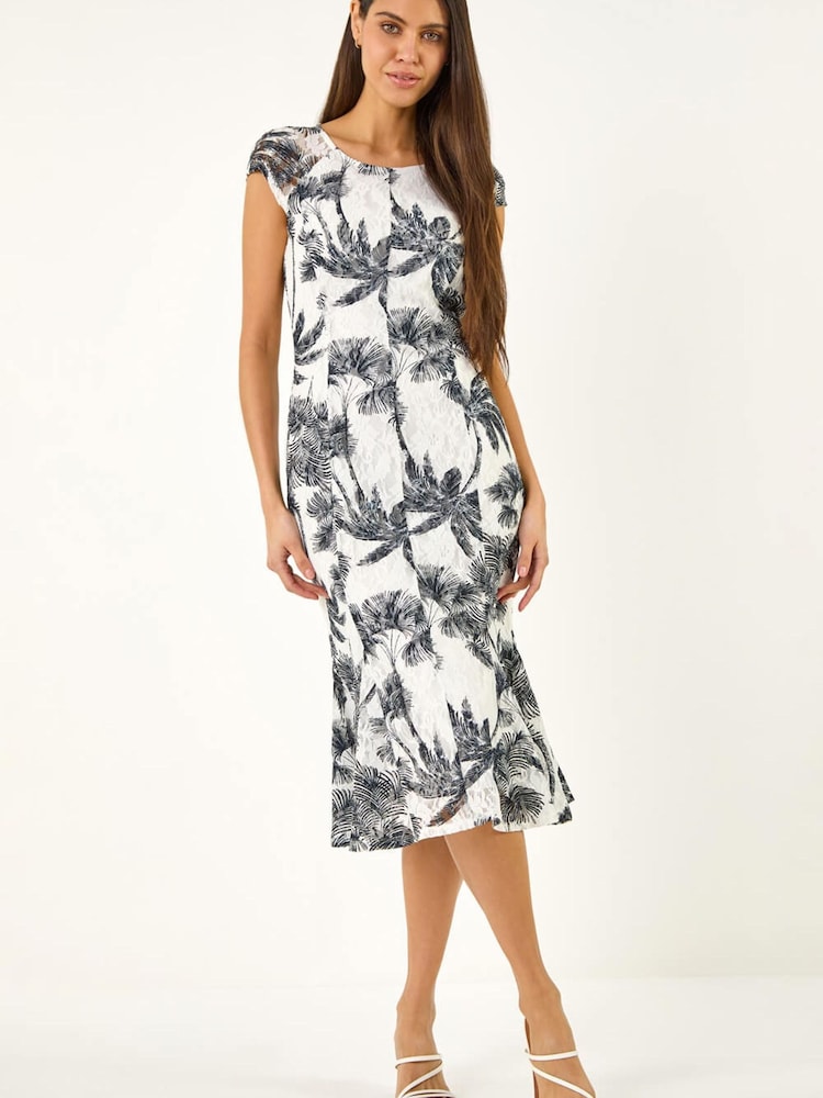 Roman White Palm Print Lace Godet Hem Dress - Image 1 of 5