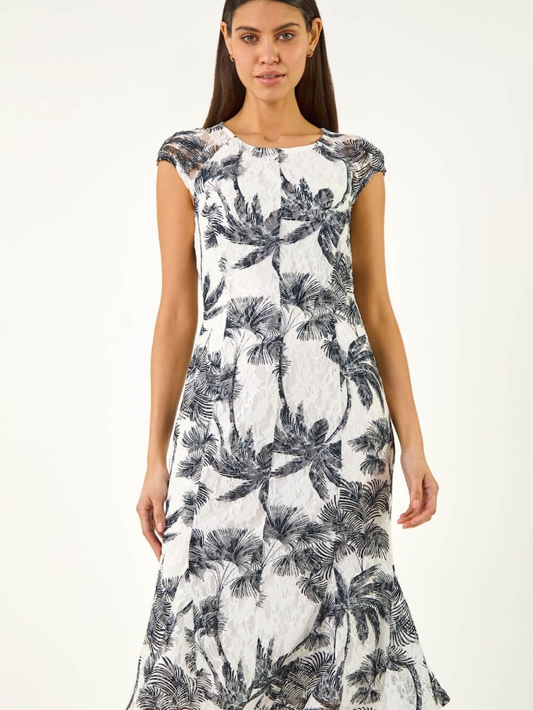 Roman White Palm Print Lace Godet Hem Dress - Image 2 of 5