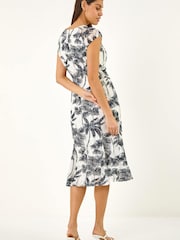 Roman White Palm Print Lace Godet Hem Dress - Image 3 of 5
