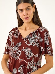 Roman Brown Paisley Puff Print Gathered Top - Image 1 of 5