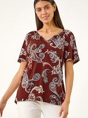 Roman Brown Paisley Puff Print Gathered Top - Image 4 of 5