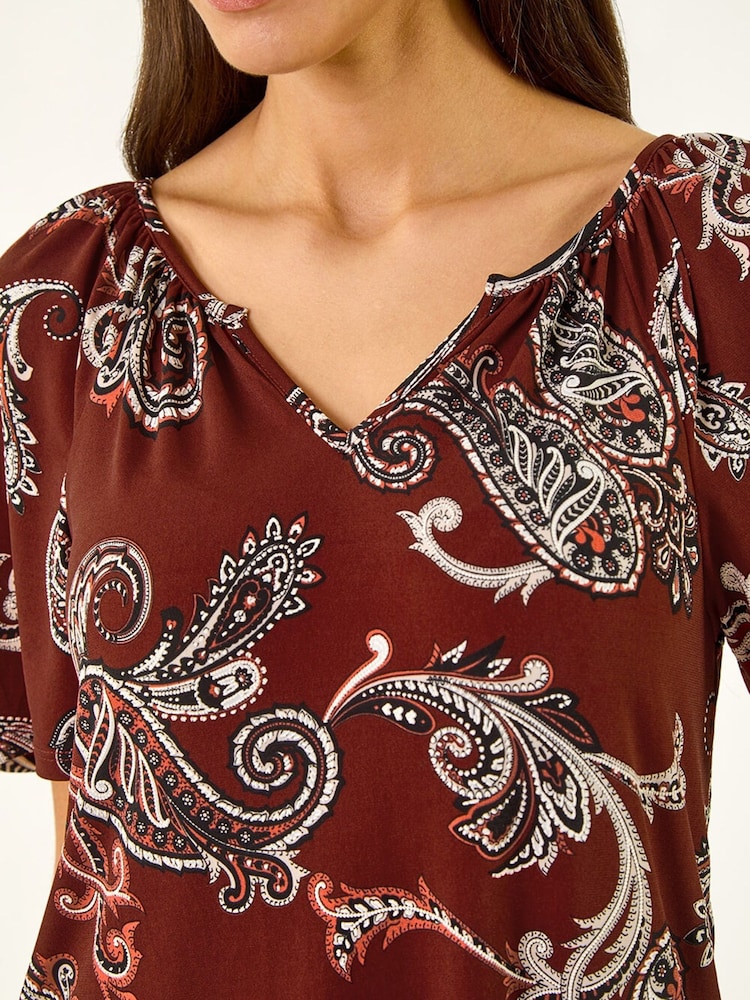 Roman Brown Paisley Puff Print Gathered Top - Image 5 of 5