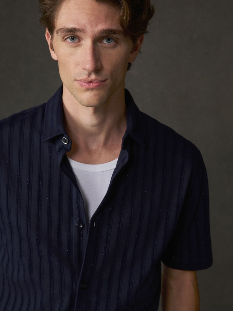 Navy Lurex Stripe Jersey Short Sleeve Shirt - Image 1 of 6 Navy Lurex Stripe Jersey Short Sleeve Shirt - Image 1 of 6