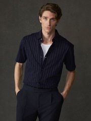Navy Lurex Stripe Jersey Short Sleeve Shirt - Image 4 of 6