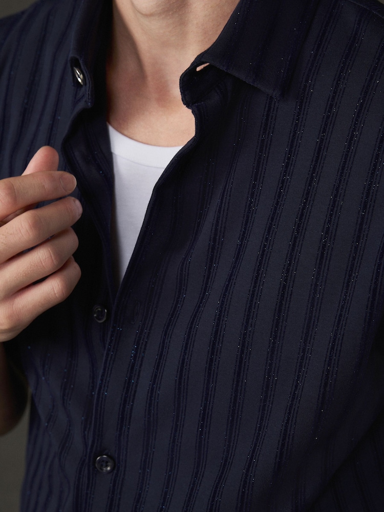 Navy Lurex Stripe Jersey Short Sleeve Shirt - Image 6 of 6 Navy Lurex Stripe Jersey Short Sleeve Shirt - Image 6 of 6
