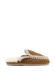 Mou Brown Suede Full Eskimo Sheepskin Lined Stitch Mule Slippers - Image 1 of 5