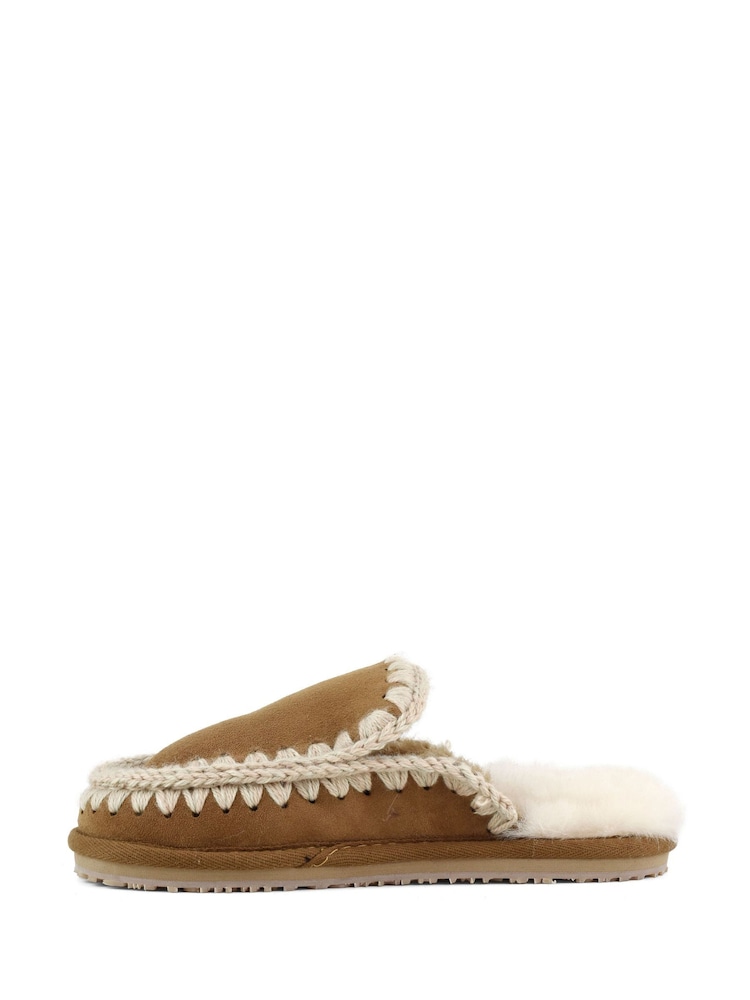Mou Brown Suede Full Eskimo Sheepskin Lined Stitch Mule Slippers - Image 2 of 5