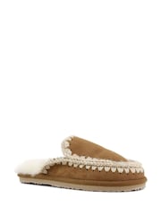 Mou Brown Suede Full Eskimo Sheepskin Lined Stitch Mule Slippers - Image 3 of 5