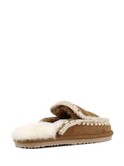 Mou Brown Suede Full Eskimo Sheepskin Lined Stitch Mule Slippers - Image 4 of 5