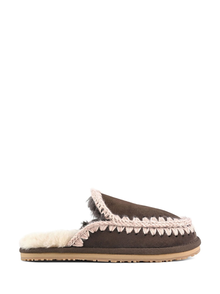 Mou Brown Suede Full Eskimo Sheepskin Lined Stitch Mule Slippers - Image 1 of 5 Mou Brown Suede Full Eskimo Sheepskin Lined Stitch Mule Slippers - Image 1 of 5