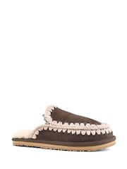 Mou Brown Suede Full Eskimo Sheepskin Lined Stitch Mule Slippers - Image 2 of 5