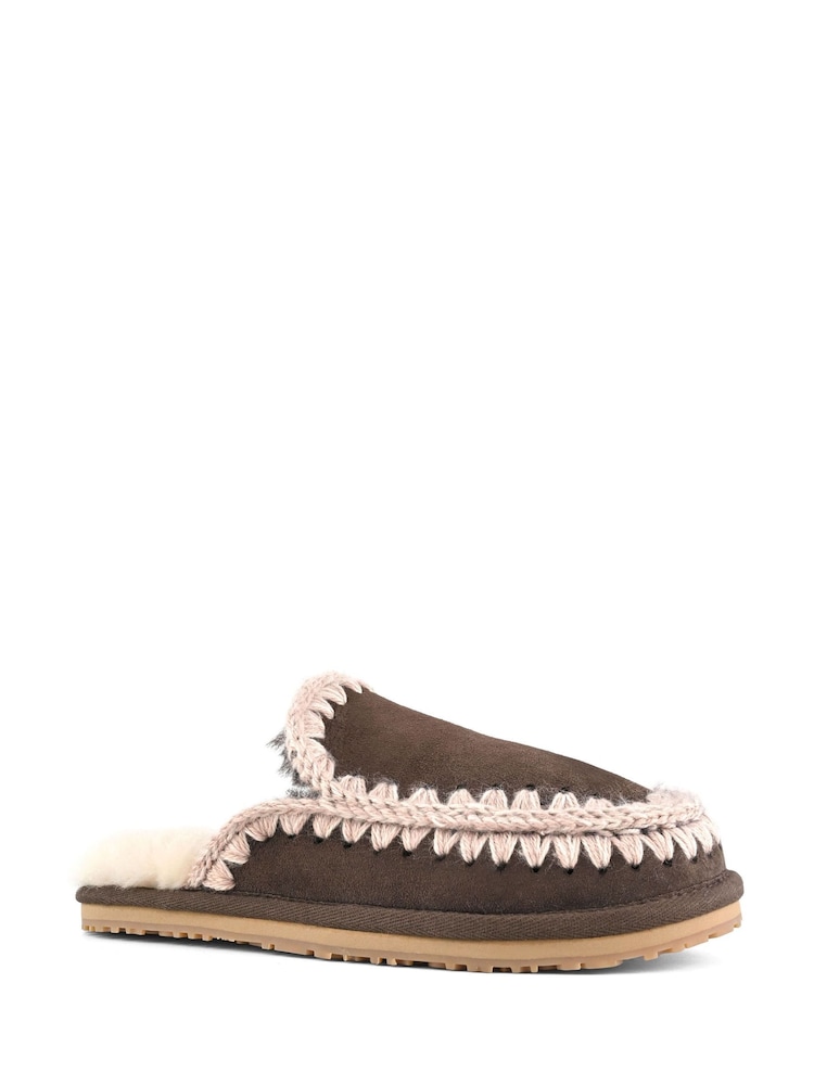 Mou Brown Suede Full Eskimo Sheepskin Lined Stitch Mule Slippers - Image 2 of 5 Mou Brown Suede Full Eskimo Sheepskin Lined Stitch Mule Slippers - Image 2 of 5