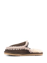 Mou Brown Suede Full Eskimo Sheepskin Lined Stitch Mule Slippers - Image 5 of 5