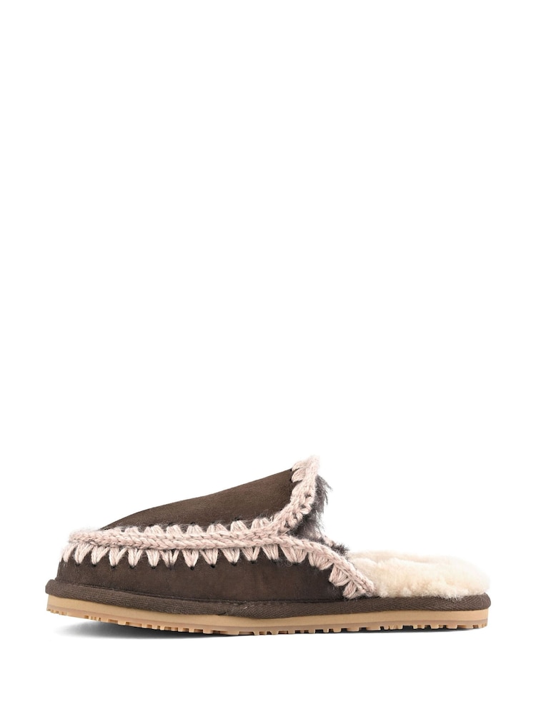 Mou Brown Suede Full Eskimo Sheepskin Lined Stitch Mule Slippers - Image 5 of 5 Mou Brown Suede Full Eskimo Sheepskin Lined Stitch Mule Slippers - Image 5 of 5