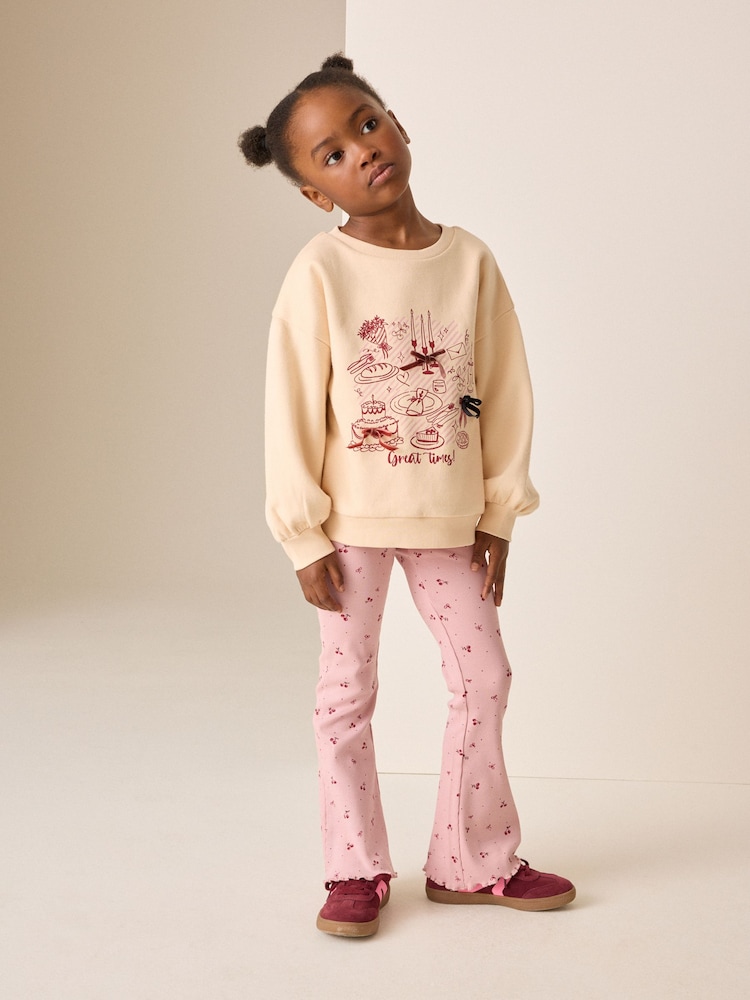 Ecru/Pink Graphic Sweatshirt and Flare Leggings Set (3-16yrs) - Image 1 of 4 Ecru/Pink Graphic Sweatshirt and Flare Leggings Set (3-16yrs) - Image 1 of 4