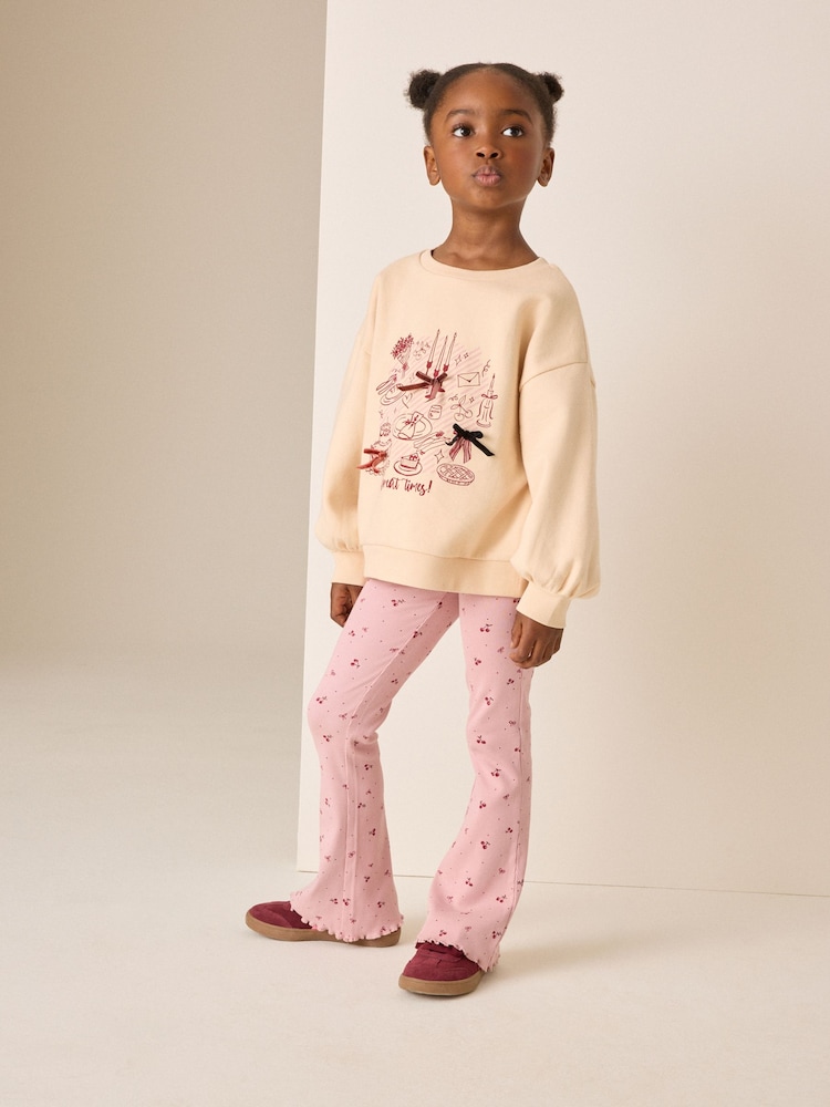 Ecru/Pink Graphic Sweatshirt and Flare Leggings Set (3-16yrs) - Image 2 of 4 Ecru/Pink Graphic Sweatshirt and Flare Leggings Set (3-16yrs) - Image 2 of 4