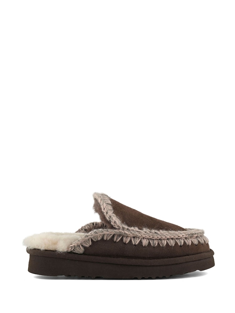 Mou Brown Suede Full Eskimo Sheepskin Lined Flatform Stitch Mule Slippers - Image 1 of 5
