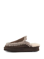 Mou Brown Suede Full Eskimo Sheepskin Lined Flatform Stitch Mule Slippers - Image 2 of 5