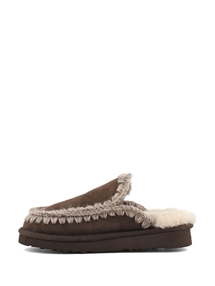 Mou Brown Suede Full Eskimo Sheepskin Lined Flatform Stitch Mule Slippers - Image 2 of 5