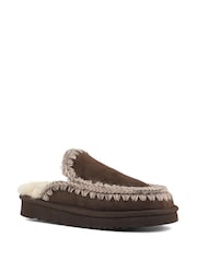 Mou Brown Suede Full Eskimo Sheepskin Lined Flatform Stitch Mule Slippers - Image 3 of 5