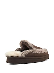 Mou Brown Suede Full Eskimo Sheepskin Lined Flatform Stitch Mule Slippers - Image 4 of 5