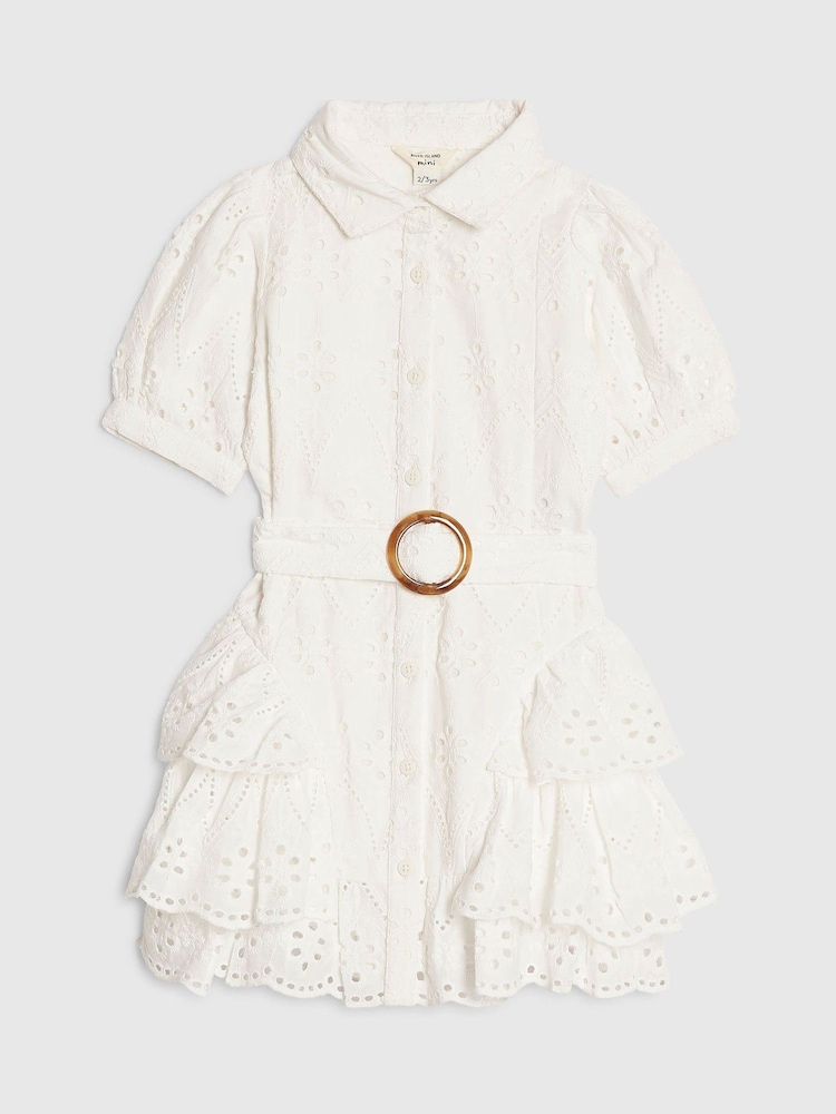 River Island White Broderie Belted Rara Dress - Image 1 of 4 River Island White Broderie Belted Rara Dress - Image 1 of 4