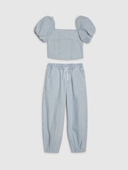 River Island Blue Puff Sleeve Top & Barrel Cargo Trousers Set - Image 1 of 4
