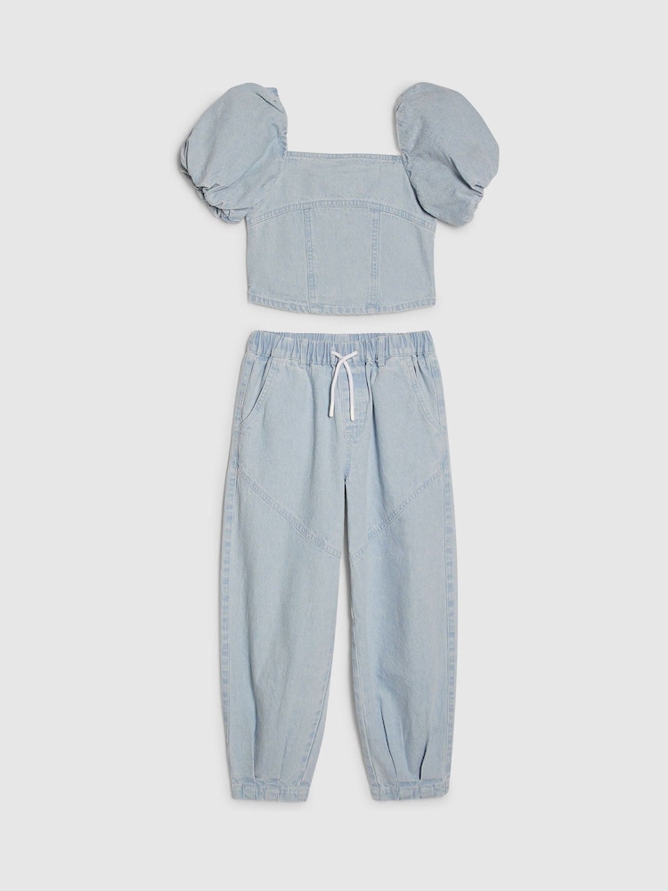 River Island Blue Puff Sleeve Top & Barrel Cargo Trousers Set - Image 1 of 4 River Island Blue Puff Sleeve Top & Barrel Cargo Trousers Set - Image 1 of 4