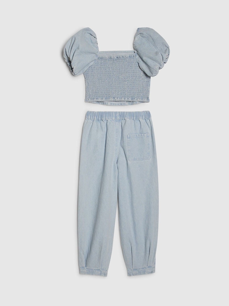River Island Blue Puff Sleeve Top & Barrel Cargo Trousers Set - Image 2 of 4 River Island Blue Puff Sleeve Top & Barrel Cargo Trousers Set - Image 2 of 4