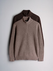 The Set 2 Pack Textured Half Zip Knit Jumpers Brown - Image 2 of 11