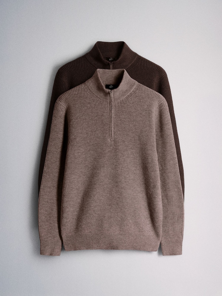 The Set 2 Pack Textured Half Zip Knit Jumpers Brown - Image 2 of 11