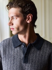 Grey Herringbone Cosy Knit Polo Shirt with Wool - Image 1 of 8