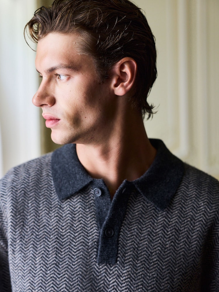 Grey Herringbone Cosy Knit Polo Shirt with Wool - Image 1 of 8