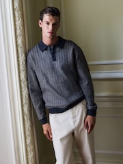 Grey Herringbone Cosy Knit Polo Shirt with Wool - Image 2 of 8