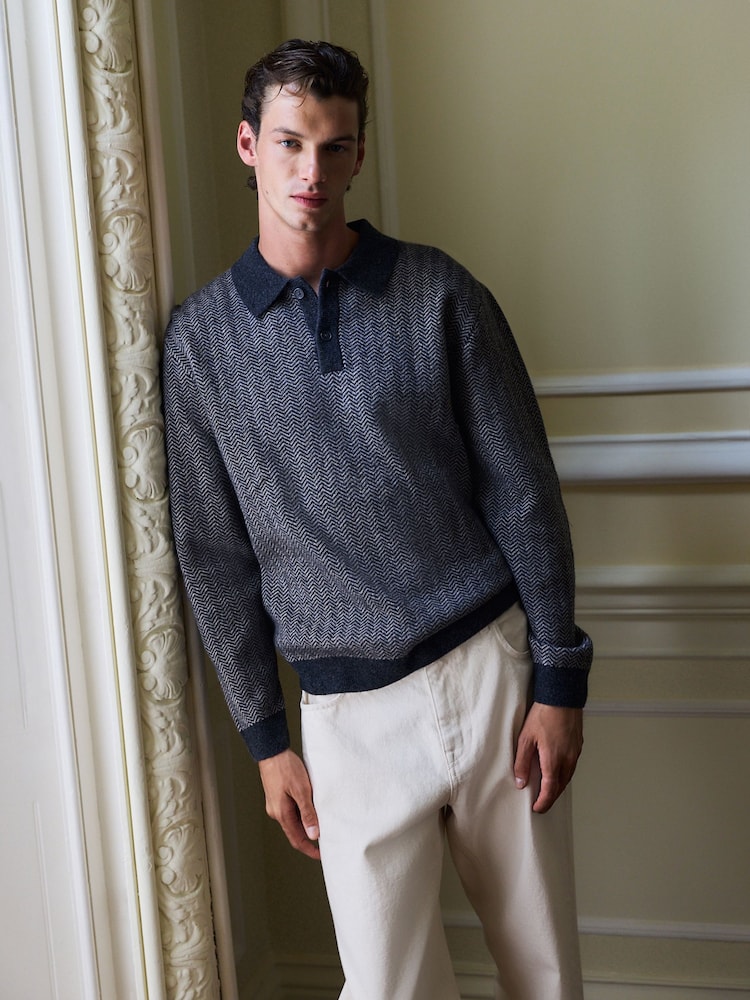 Grey Herringbone Cosy Knit Polo Shirt with Wool - Image 2 of 8