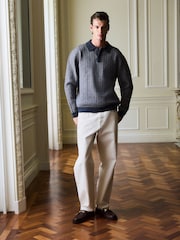 Grey Herringbone Cosy Knit Polo Shirt with Wool - Image 3 of 8