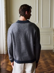 Grey Herringbone Cosy Knit Polo Shirt with Wool - Image 4 of 8